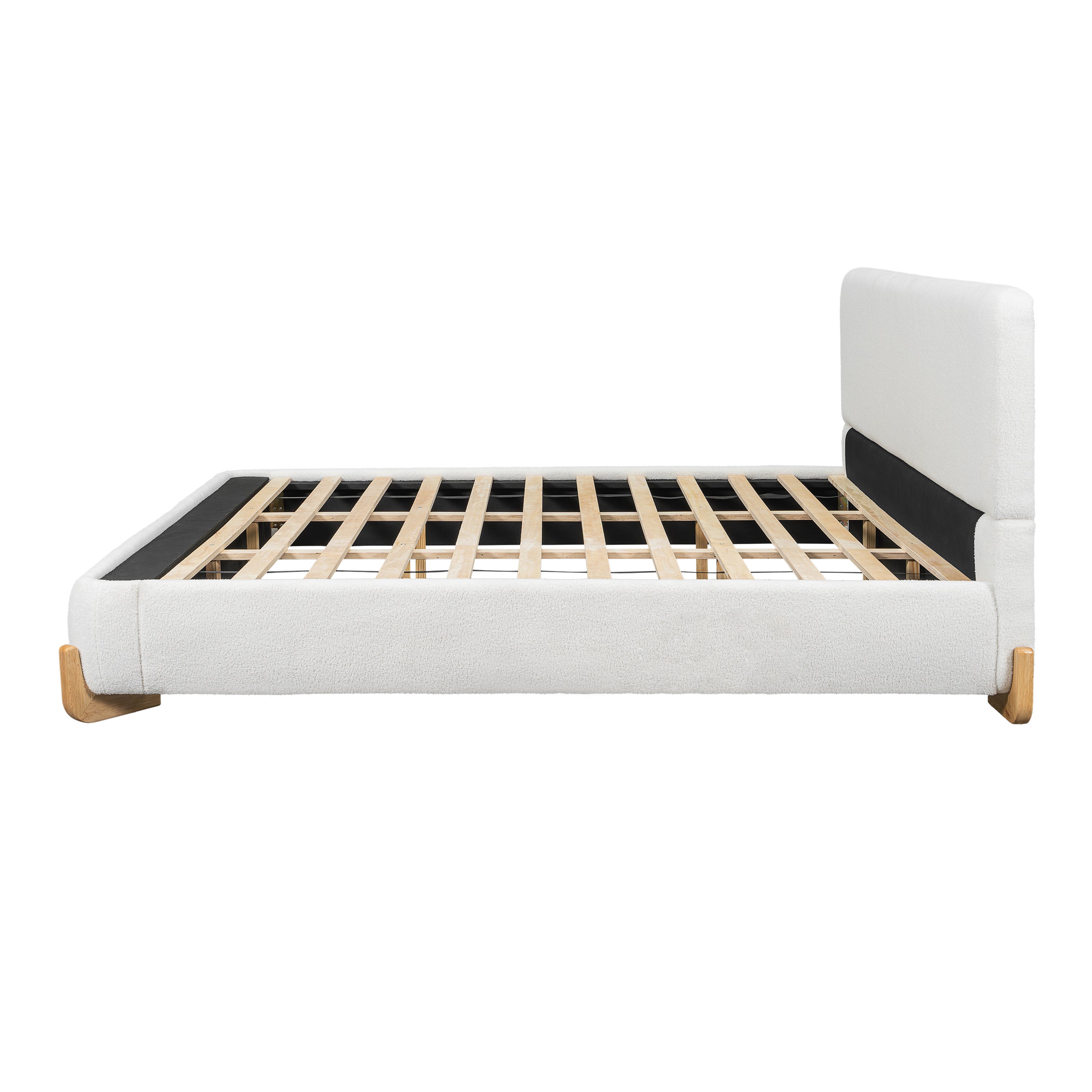 White boucle king bed frame, side profile showing rectangular headboard