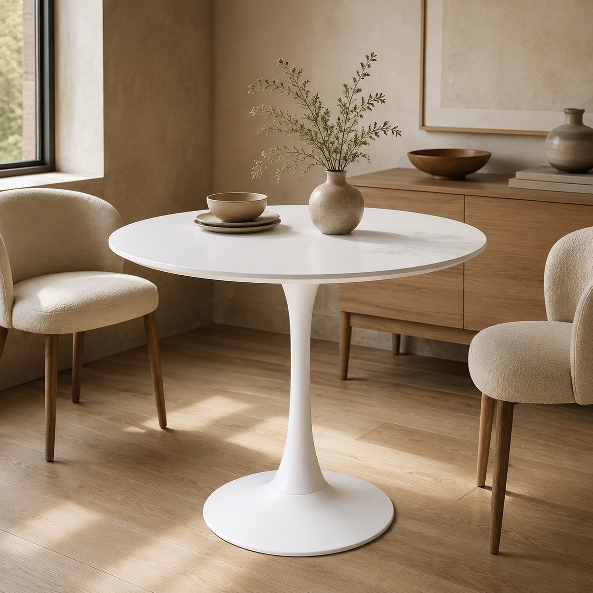 Round Tulip Dining Table, White - MDF Top & Metal Pedestal Base