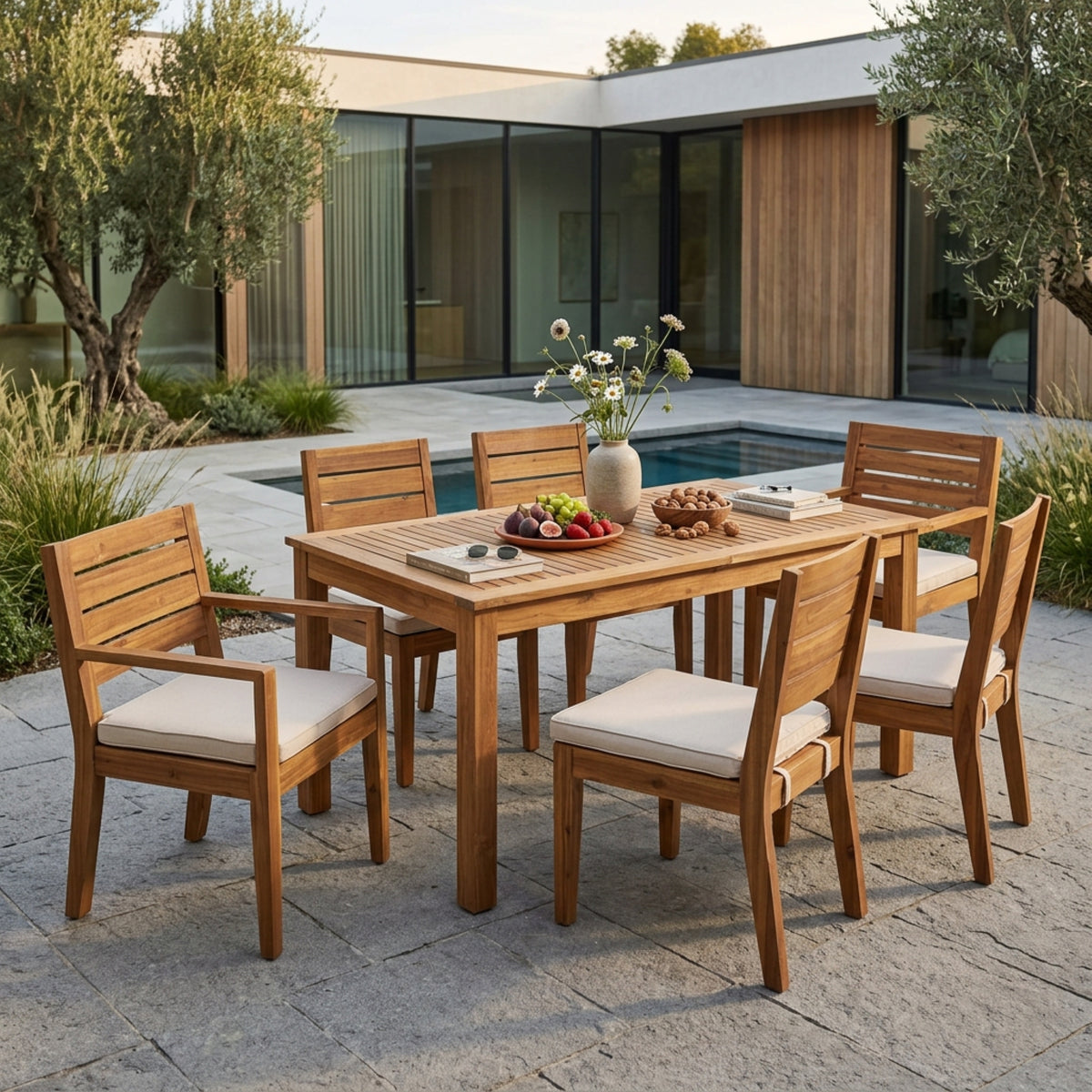Natural Solid Wood Expandable Patio Dining Set for 6 with Cushions