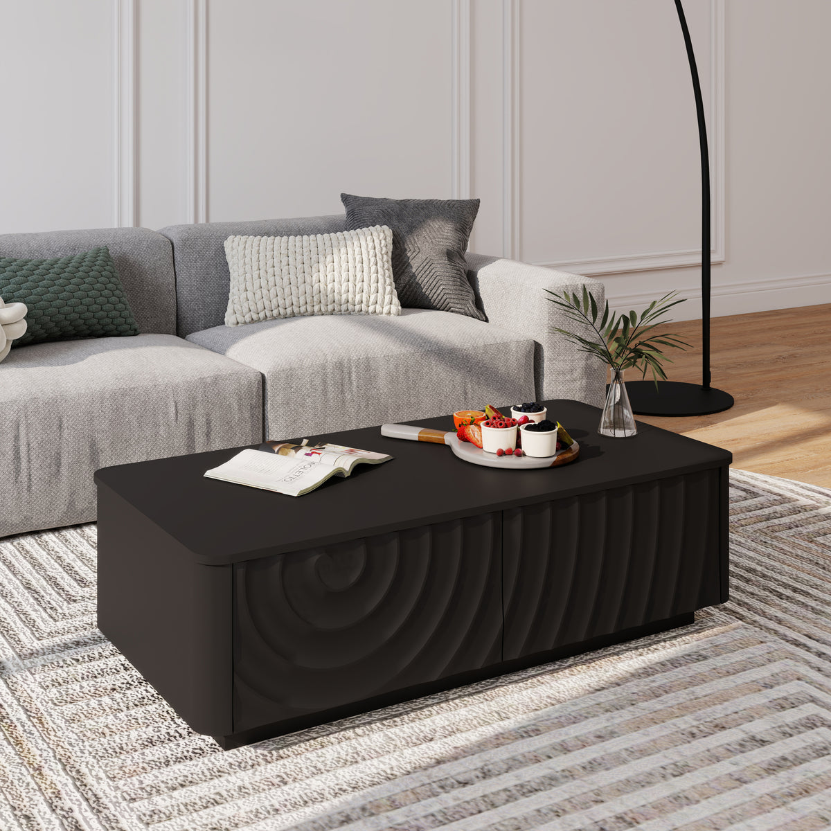 Black Rectangular Coffee Table, 2 Drawers, 47.2 in
