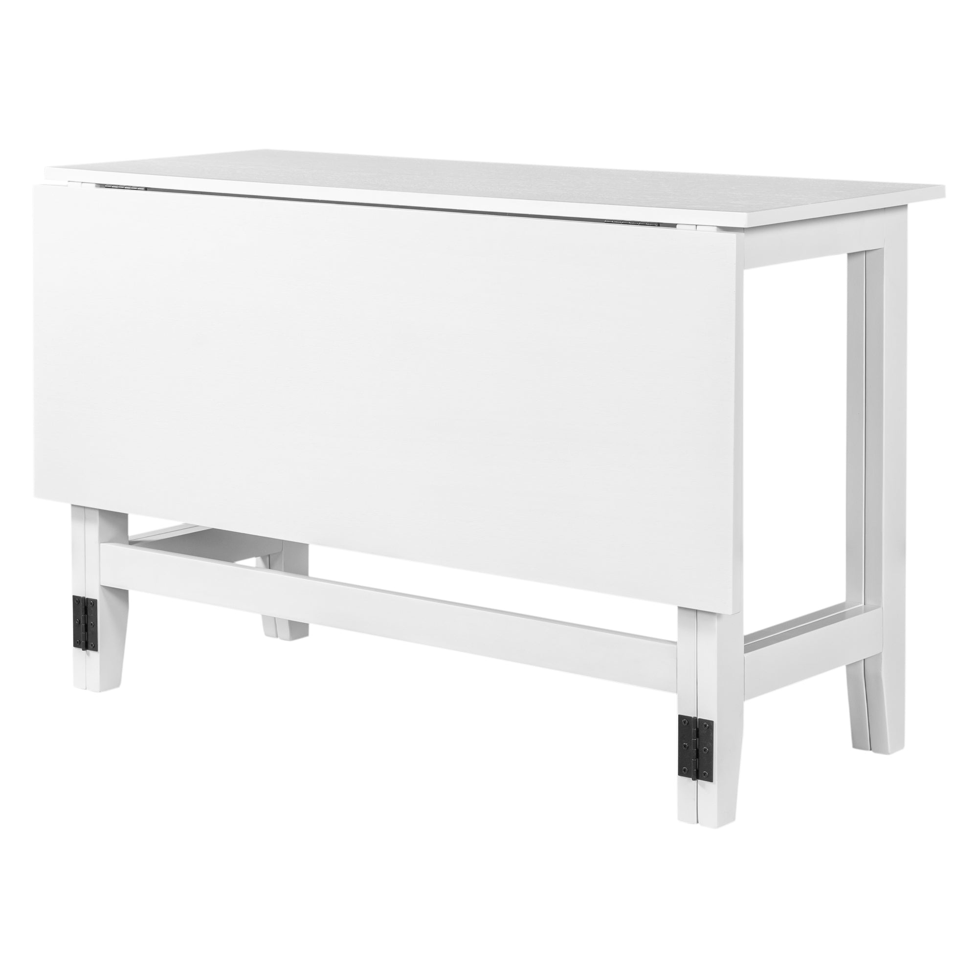 White farmhouse drop-leaf dining table with one leaf folded down, three-quarter studio view
