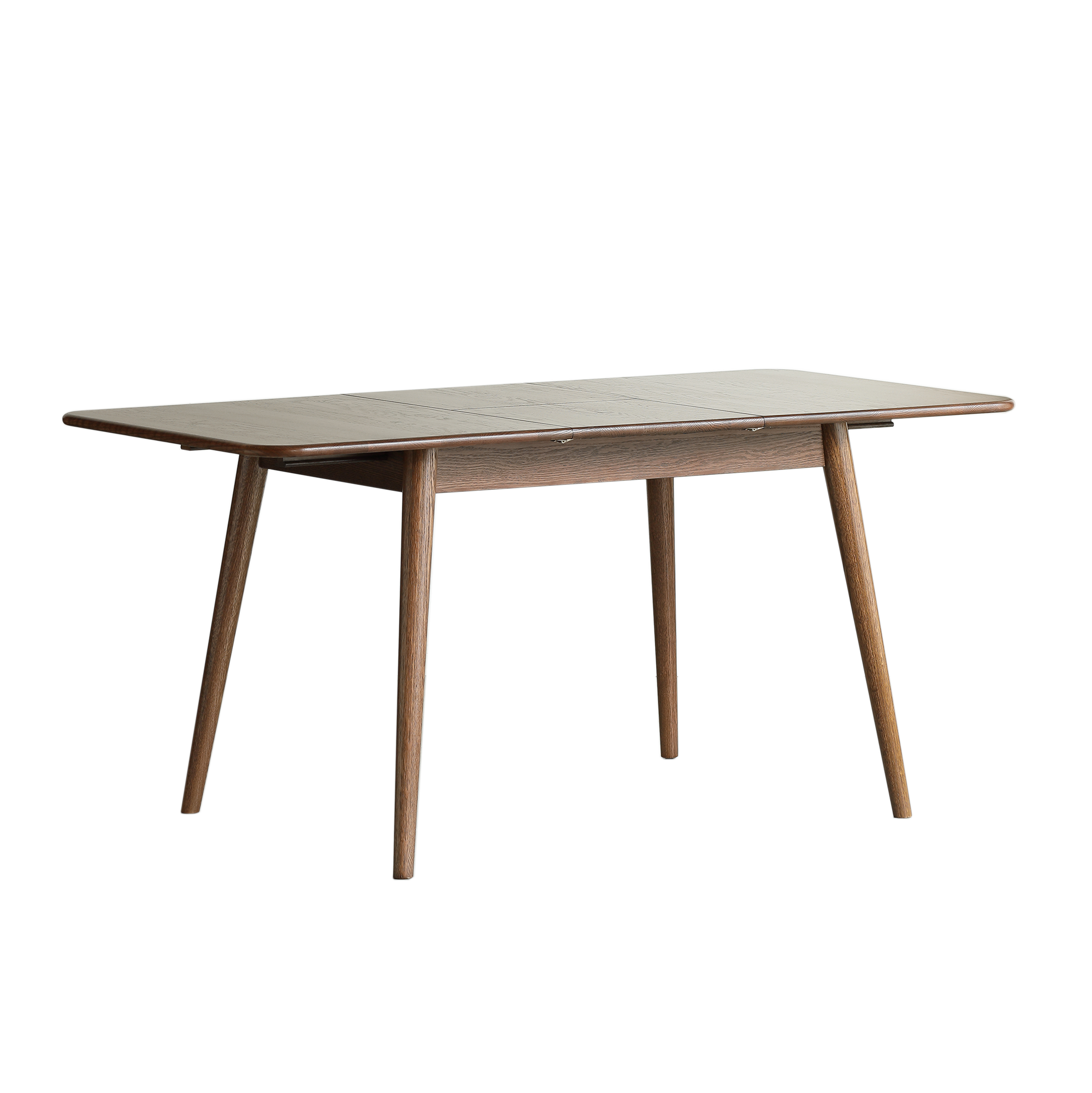 Walnut-finish oak extendable dining table with tapered legs, three-quarter view on a white background