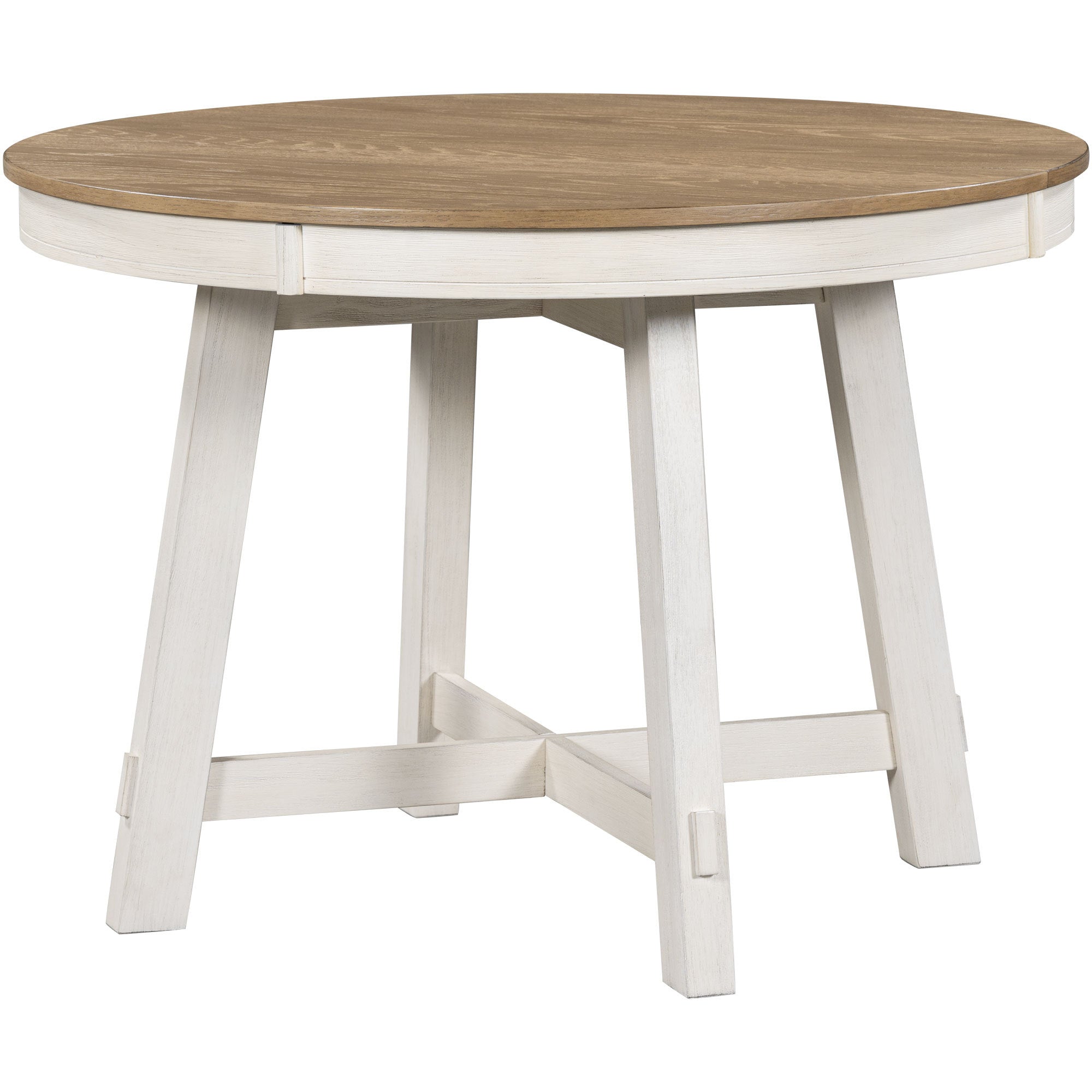 Front studio view of the closed round table on antique white X-shaped trestle base