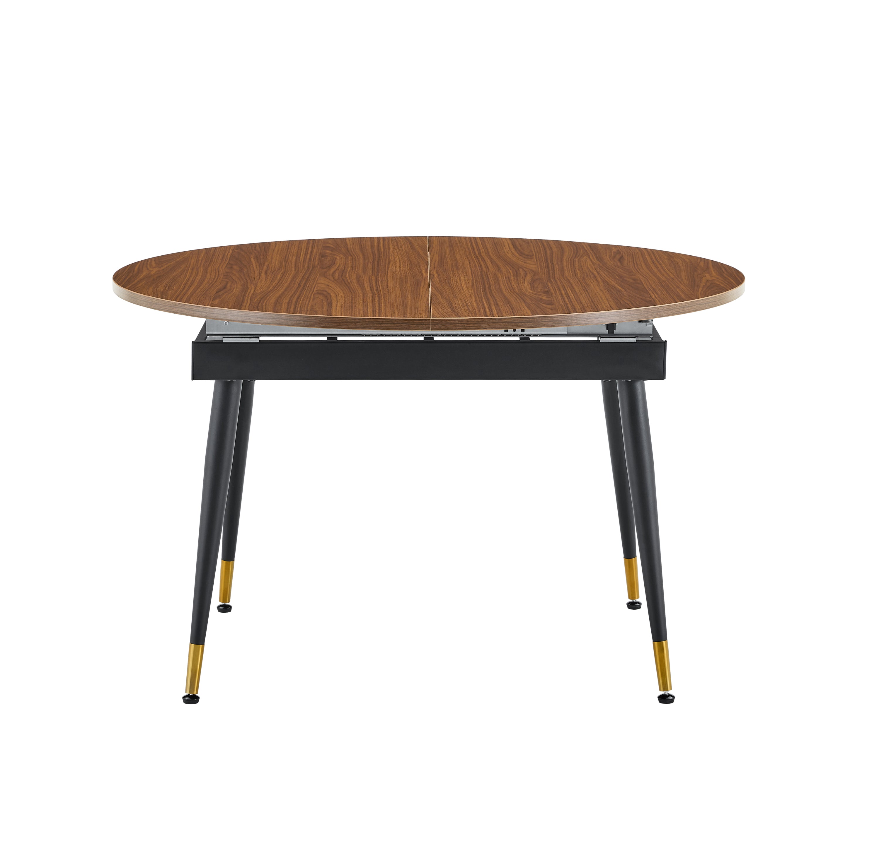 Three-quarter studio view of the walnut oval table fully extended