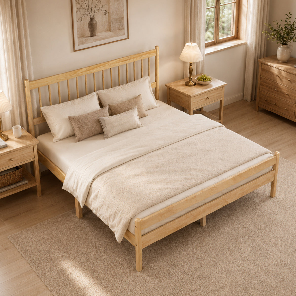 Overhead angled view of the natural pine queen bed with slatted headboard and cream bedding