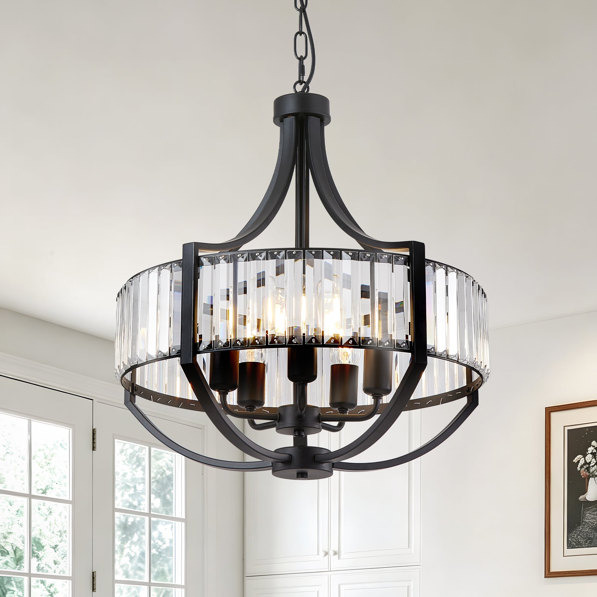 Chandelier, 5-Light Crystal Shades with Iron Frame, Black