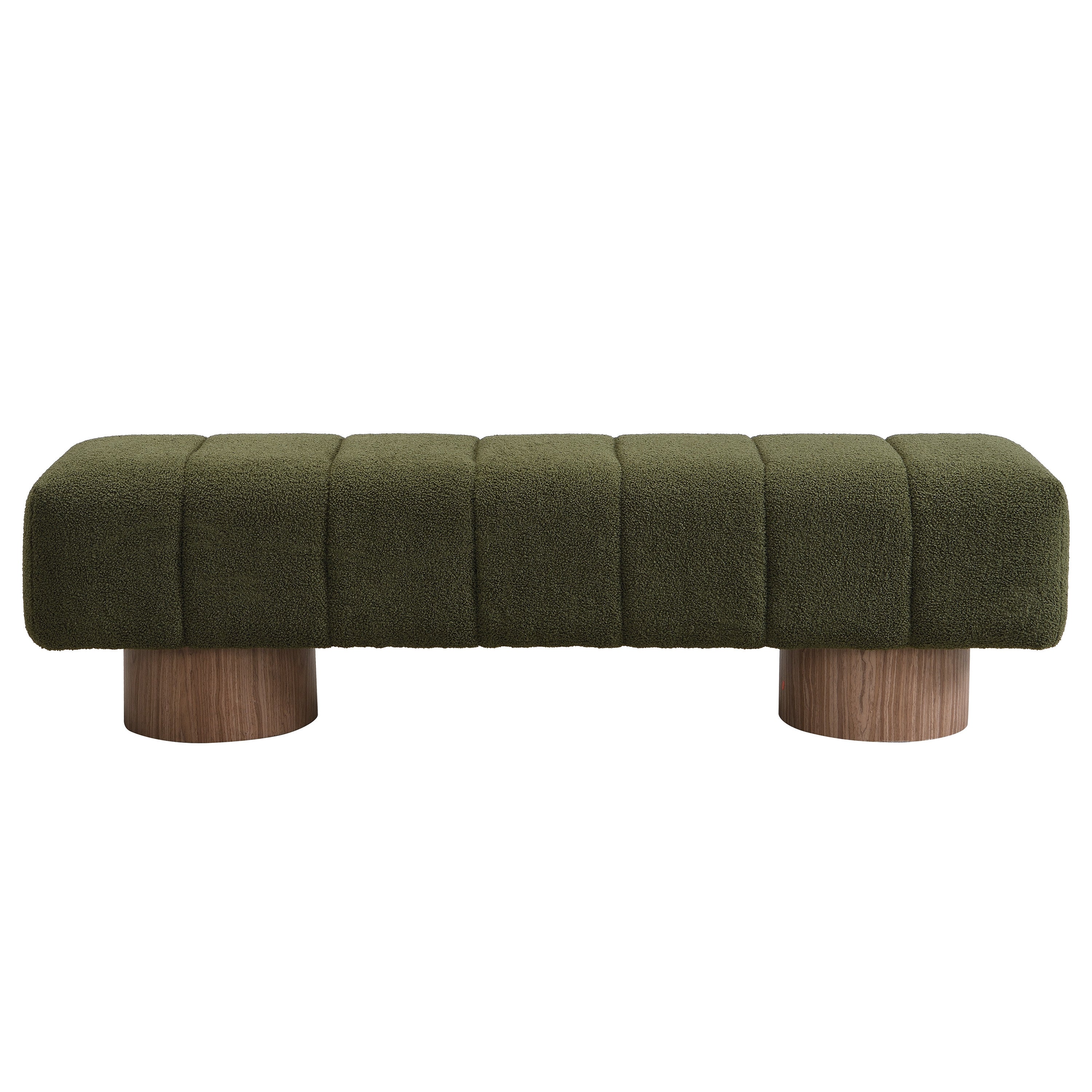 Upholstered Bench 64 Inch, Green Boucle with Wood Pedestal Base