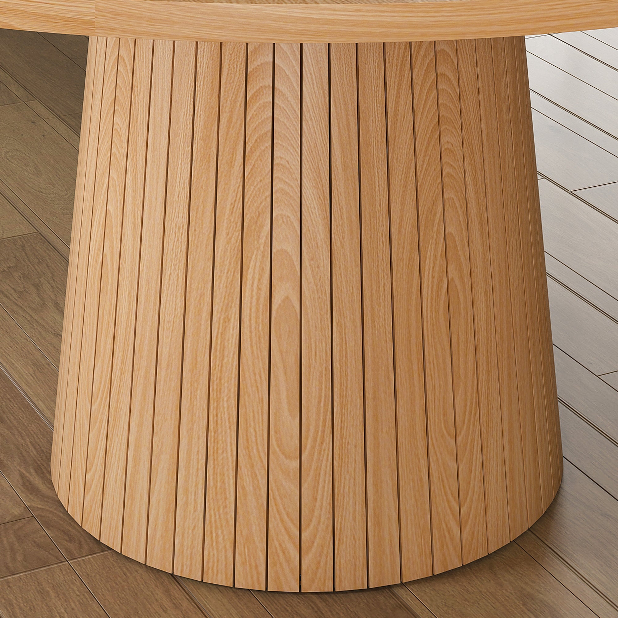 Close-up of the slatted conical wooden pedestal base of the oak round dining table