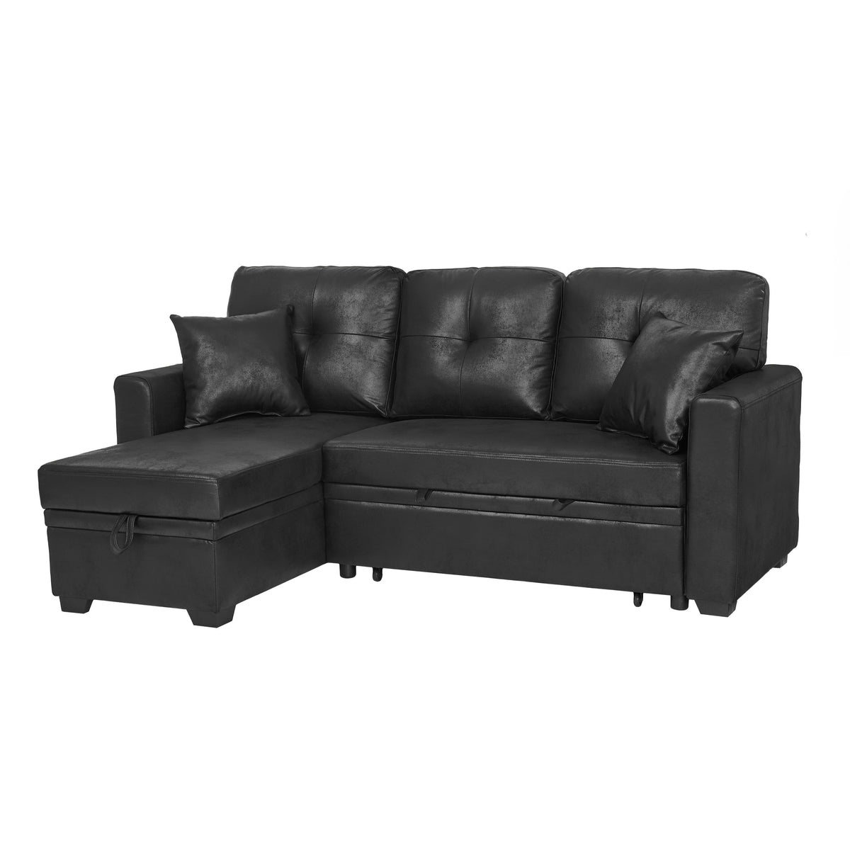 Black Sleeper Sectional with Chaise, 71 in Wide, Leather-Look Fabric