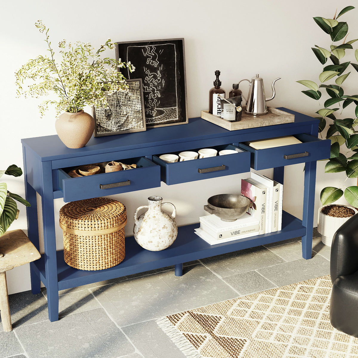 Navy Blue Entryway Console Table, 3 Drawers, 59.1 in Wide