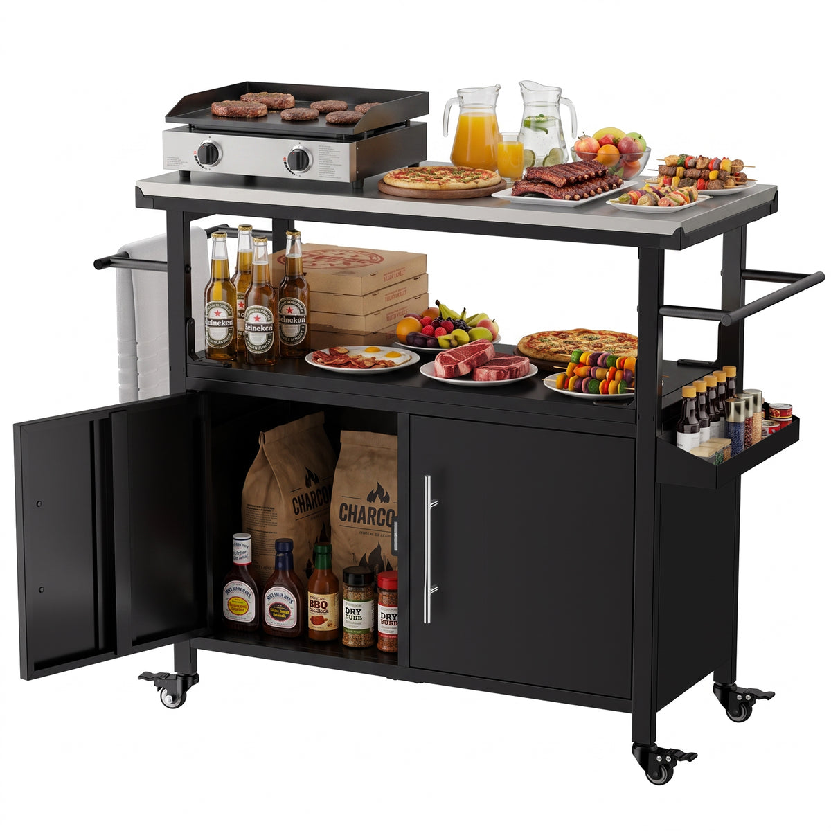 Black Grill Cart with Wheels, 31.9 in Tall