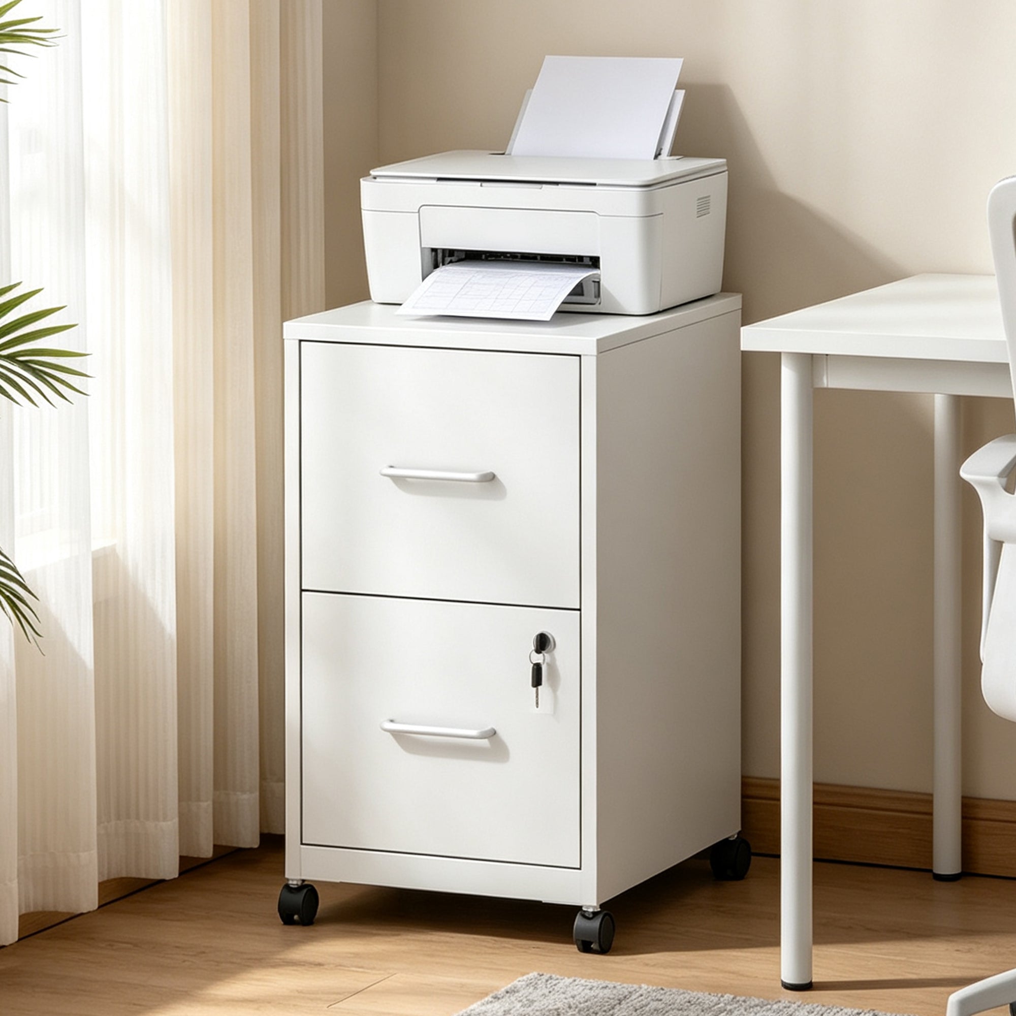 Vertical Rolling File Cabinet with Drawers and Lock, 15 in, White