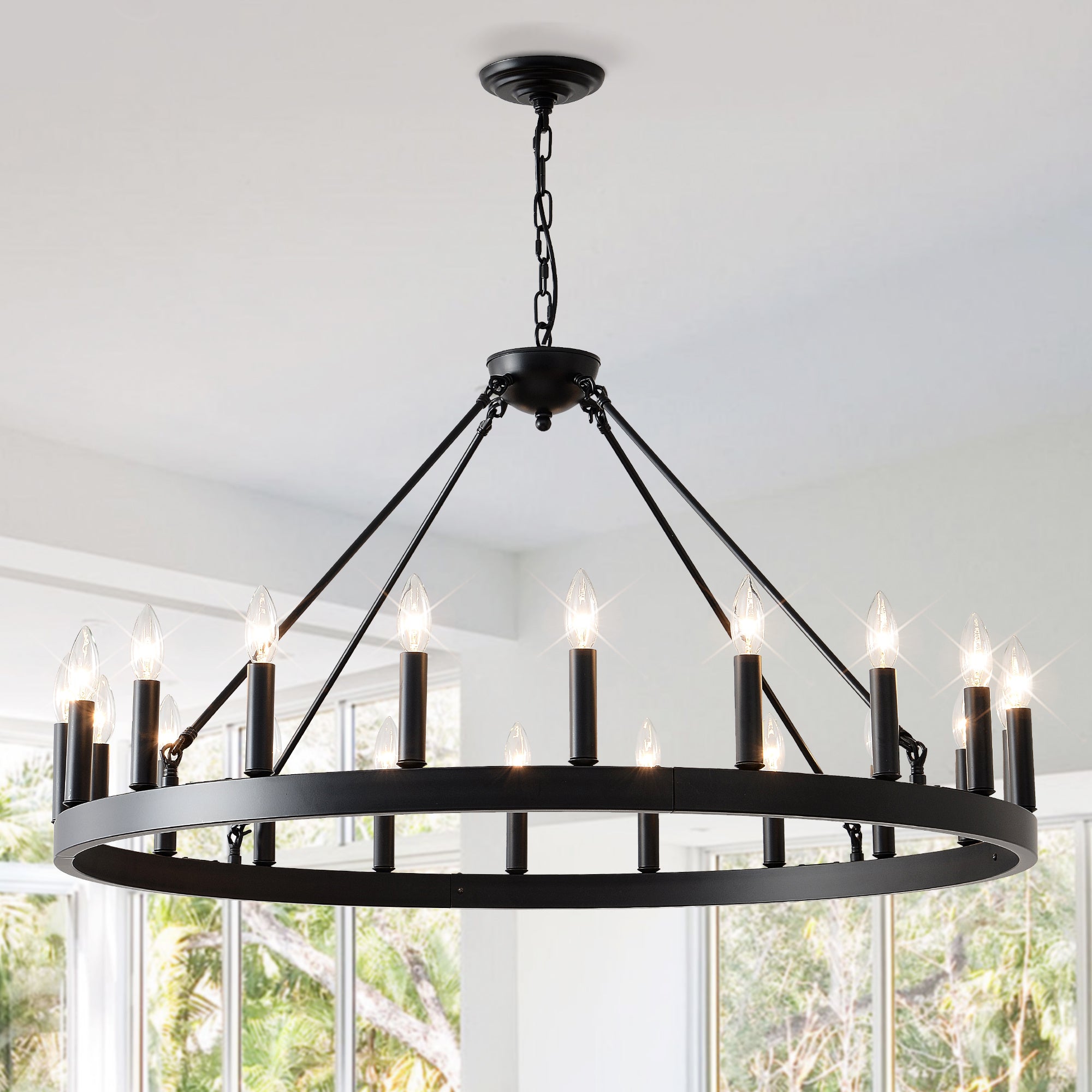 Wagon Wheel Chandelier, 20-Light Round Iron, Matte Black