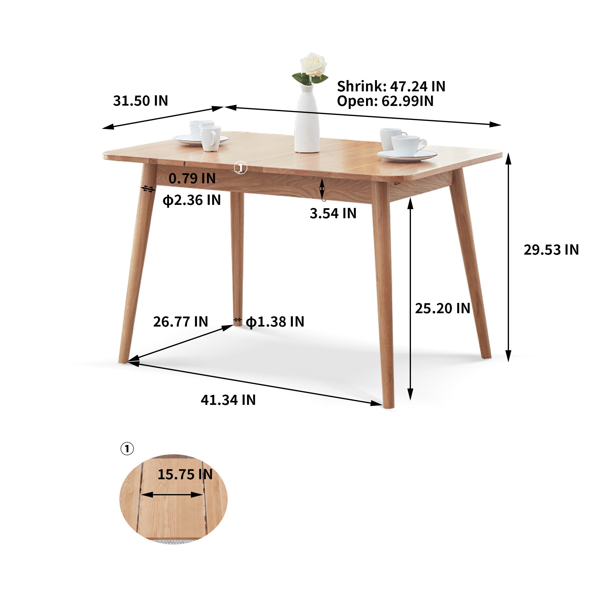 Dimension diagram of the oak table, 31.5 inches wide, extending from 47.24 to 62.99 inches, 29.53 tall