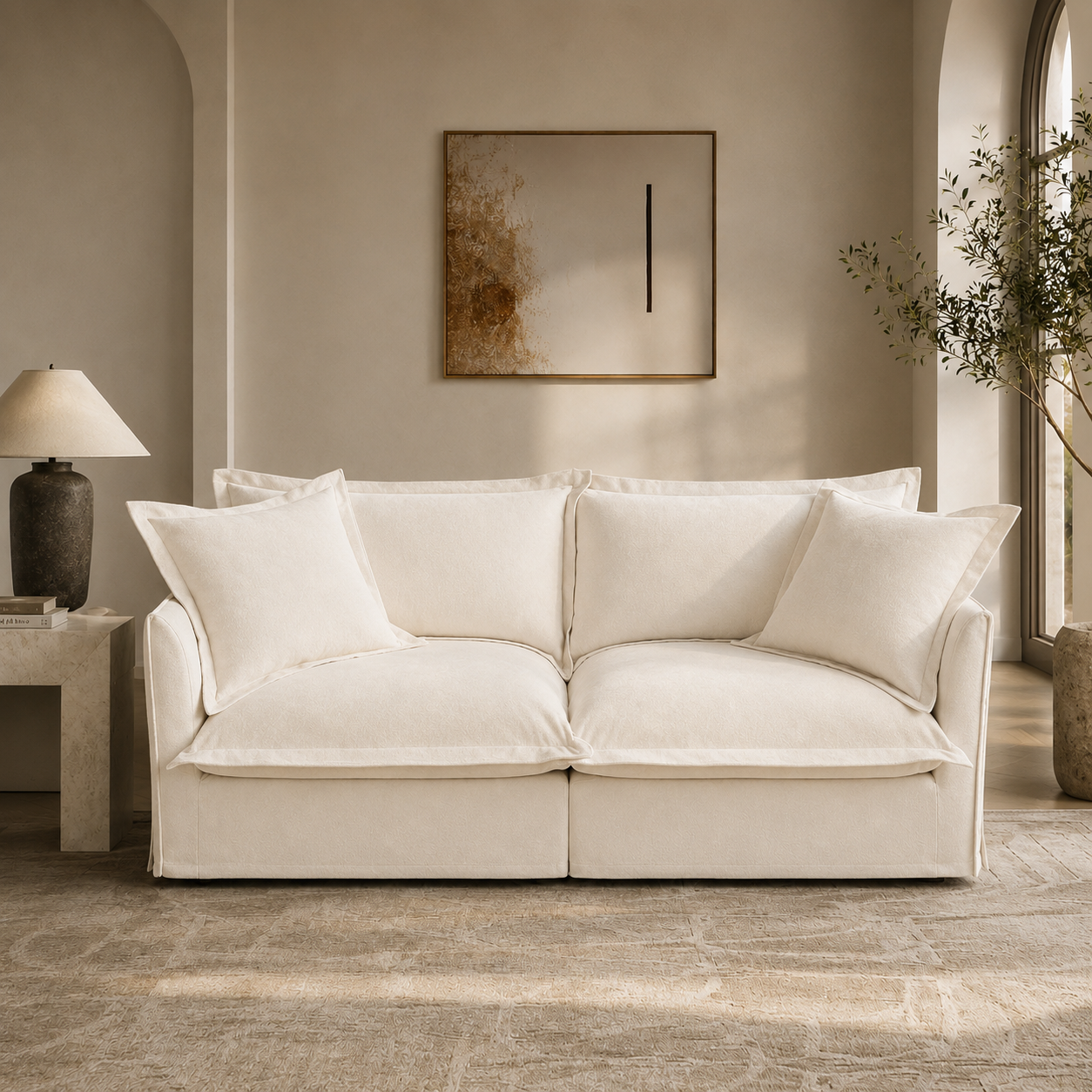 Fluffy 2-Seat Modular Sofa in Chenille Cream, lifestyle photo #OttOnly_0 #Fabric_Chenille Cream