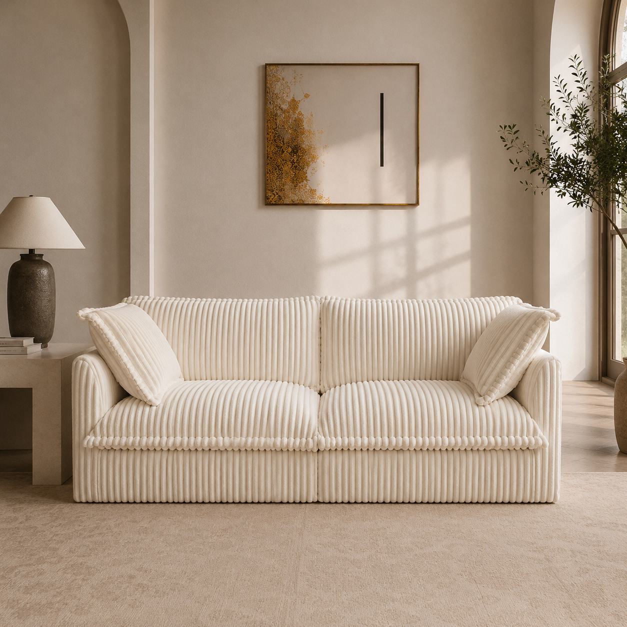 Fluffy 2-Seat Modular Sofa in Corduroy Cream, lifestyle photo #OttOnly_0 #Fabric_Corduroy Cream