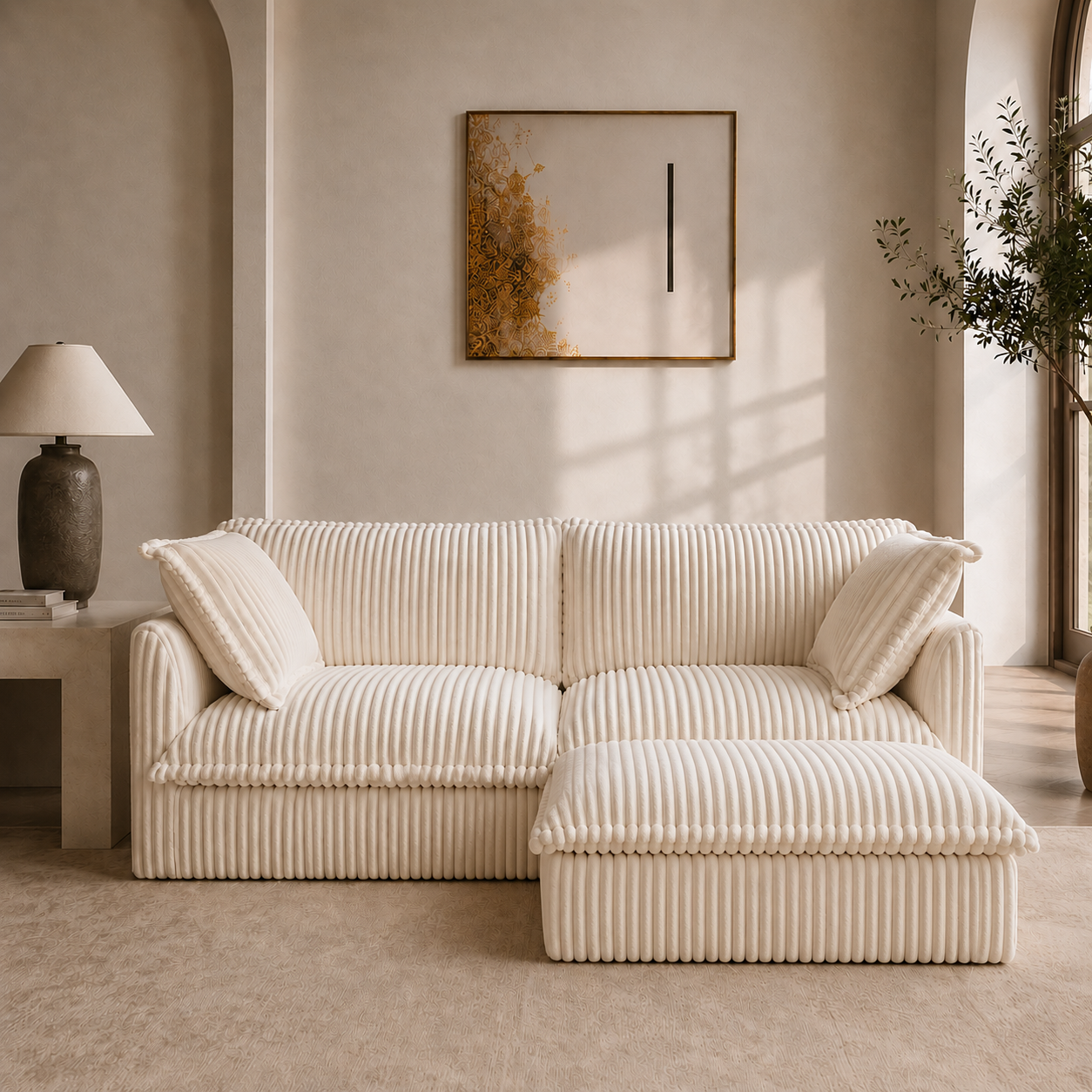 Fluffy 2-Seat Modular Sofa in Corduroy Cream with 1 ottoman, lifestyle photo #OttOnly_1 #Fabric_Corduroy Cream