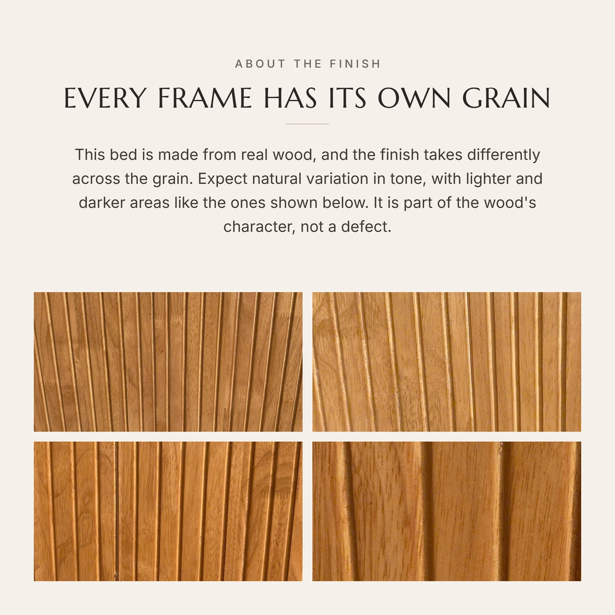 Four close-ups of the fluted wood finish showing natural variation in grain and tone