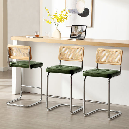 Rattan Counter Stools Set of 3 – Stainless Steel Legs & Green Vegan Leather