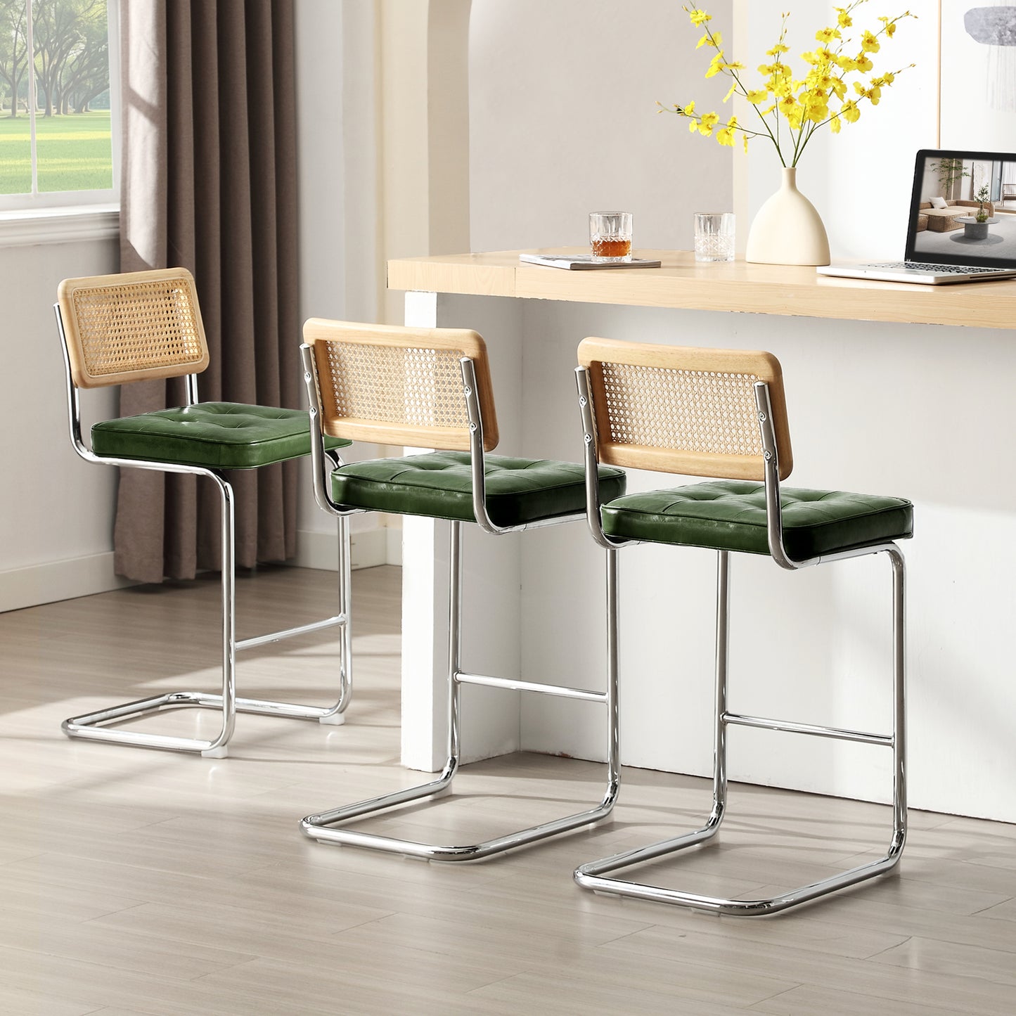 Rattan Counter Stools Set of 3 – Stainless Steel Legs & Green Vegan Leather