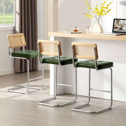 Rattan Counter Stools Set of 3 – Stainless Steel Legs & Green Vegan Leather