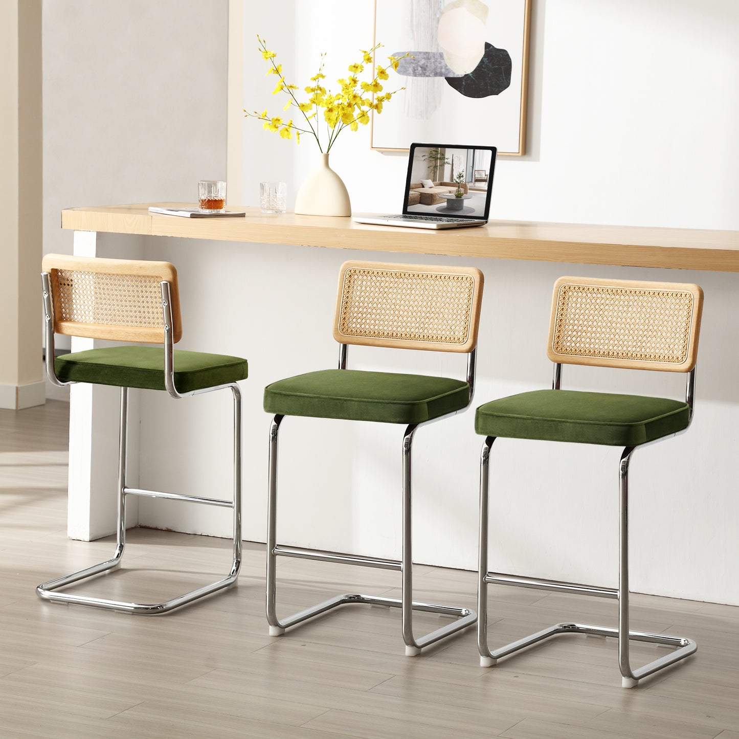 Rattan Counter Stools Set of 3 – Stainless Steel Legs & Green Velvet