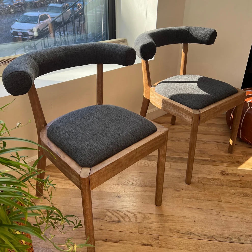 Overview of solid wood dining chairs with navy upholstery seat and backrest ergonomic for dining table