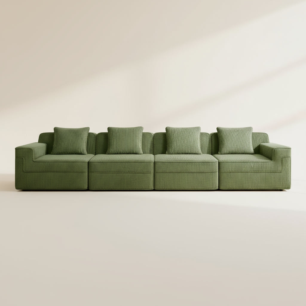 studio shot of the boneless couch in olive green showing the 4 seats rich corduroy fabric and comfortable boneless structure
