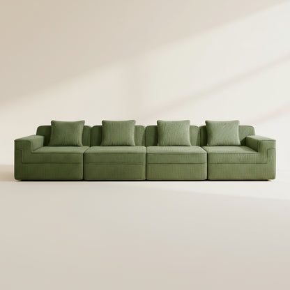 studio shot of the boneless couch in olive green showing the 4 seats rich corduroy fabric and comfortable boneless structure
