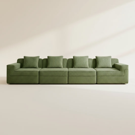 studio shot of the boneless couch in olive green showing the 4 seats rich corduroy fabric and comfortable boneless structure