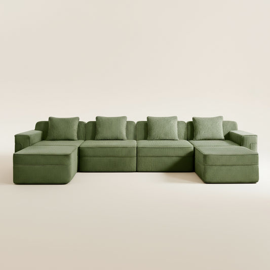 studio shot of the boneless couch by two seventy nine in olive green showing the corduroy fabric deep comfortable seats and lush green color