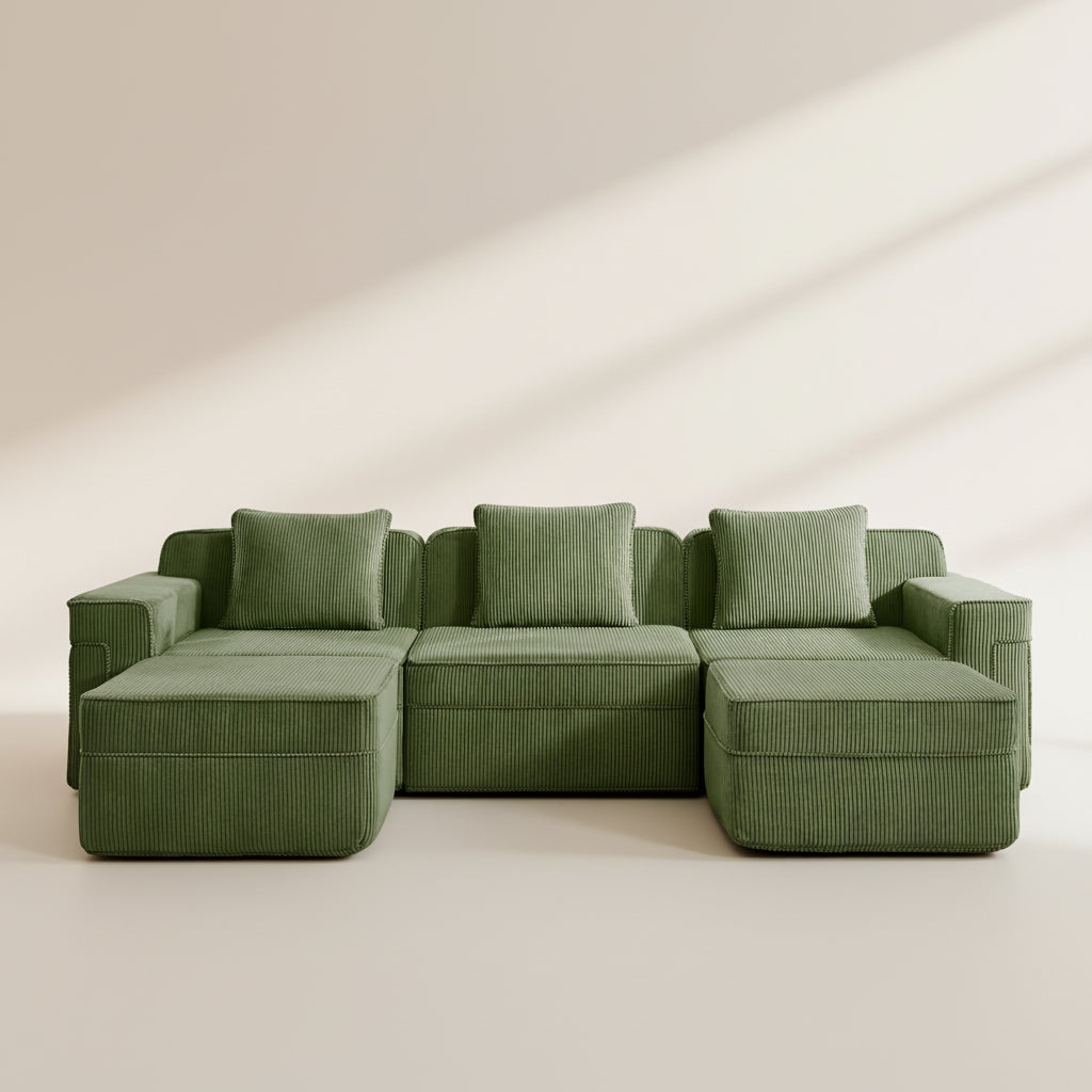 studio photography of the olive green boneless couch from two seventy nine with three seats and two ottomans. Shows the plush comfortable modular arrangement, deep seats, and corduroy upholstery