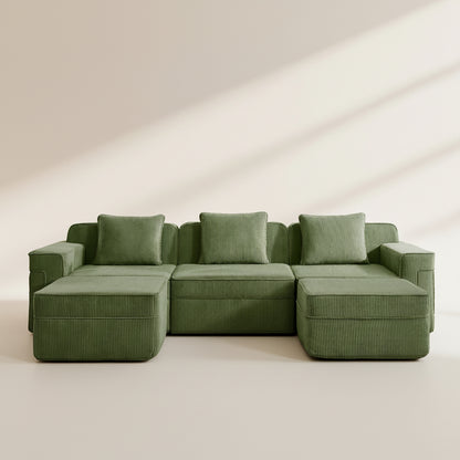 studio photography of the olive green boneless couch from two seventy nine with three seats and two ottomans. Shows the plush comfortable modular arrangement, deep seats, and corduroy upholstery