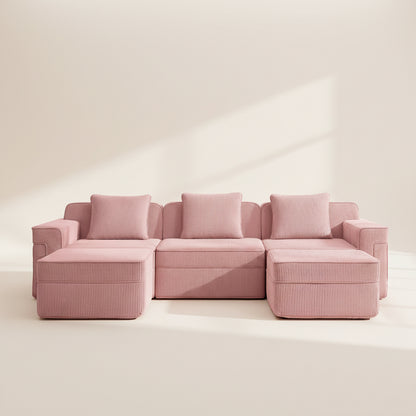 commercial studio shot of the pink boneless couch with two ottomans and three seats showing rich color and textured corduroy