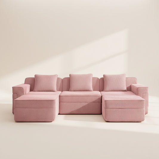 commercial studio shot of the pink boneless couch with two ottomans and three seats showing rich color and textured corduroy