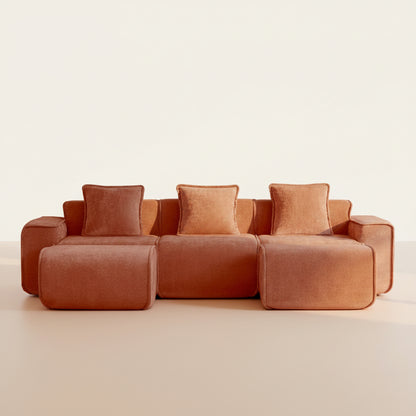 sofa with two ottomans teracotta velvet fabric boneless
