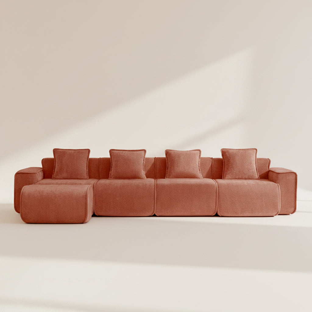 studio shot of the seneca boneless couch with four seats and one ottoman