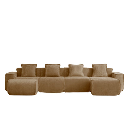 studio shot of the seneca boneless couch in mocha with four seats and two ottomans