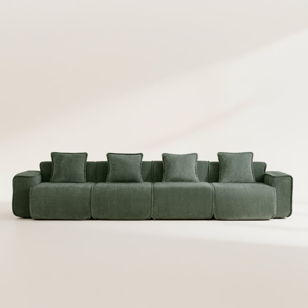 studio shot of the seneca boneless couch in olive 4 seater