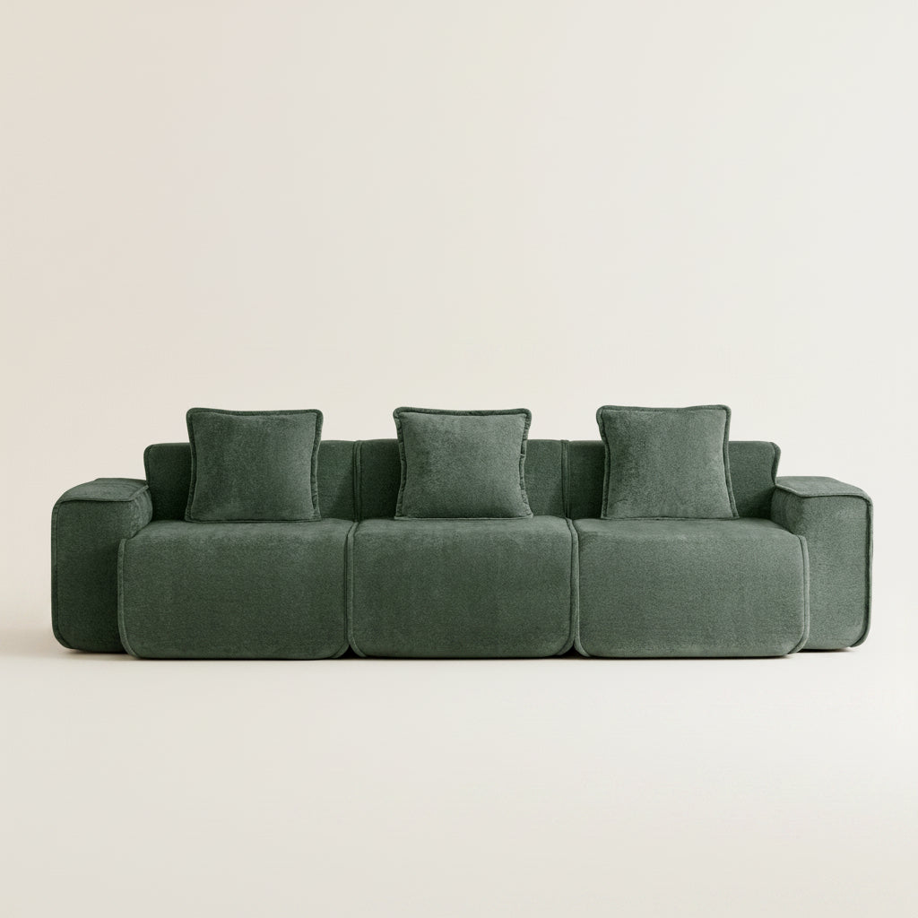 studio shot of the seneca boneless couch with three seats in olive green