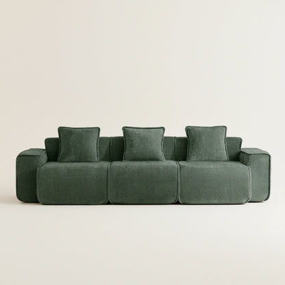 studio shot of the seneca boneless couch with three seats in olive green
