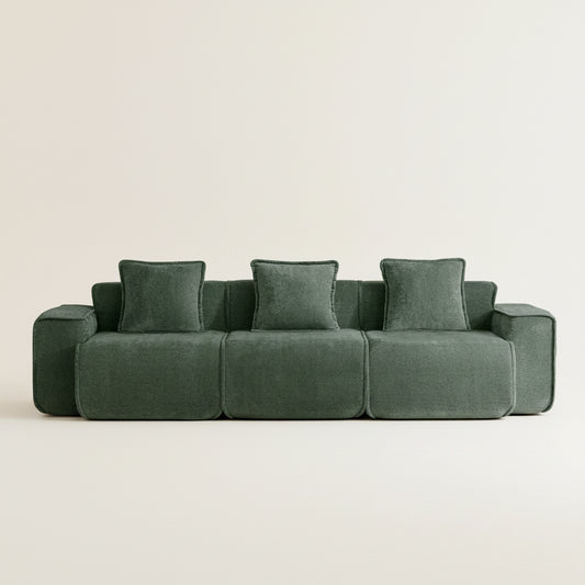 studio shot of the seneca boneless couch with three seats in olive green