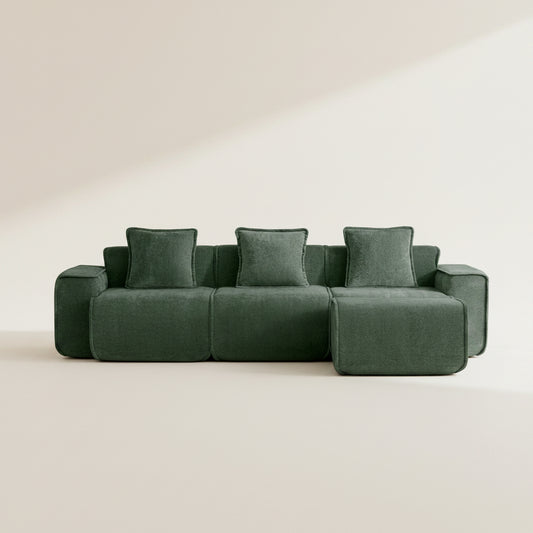 studio shot of the seneca boneless couch three seater olive green with ottoman