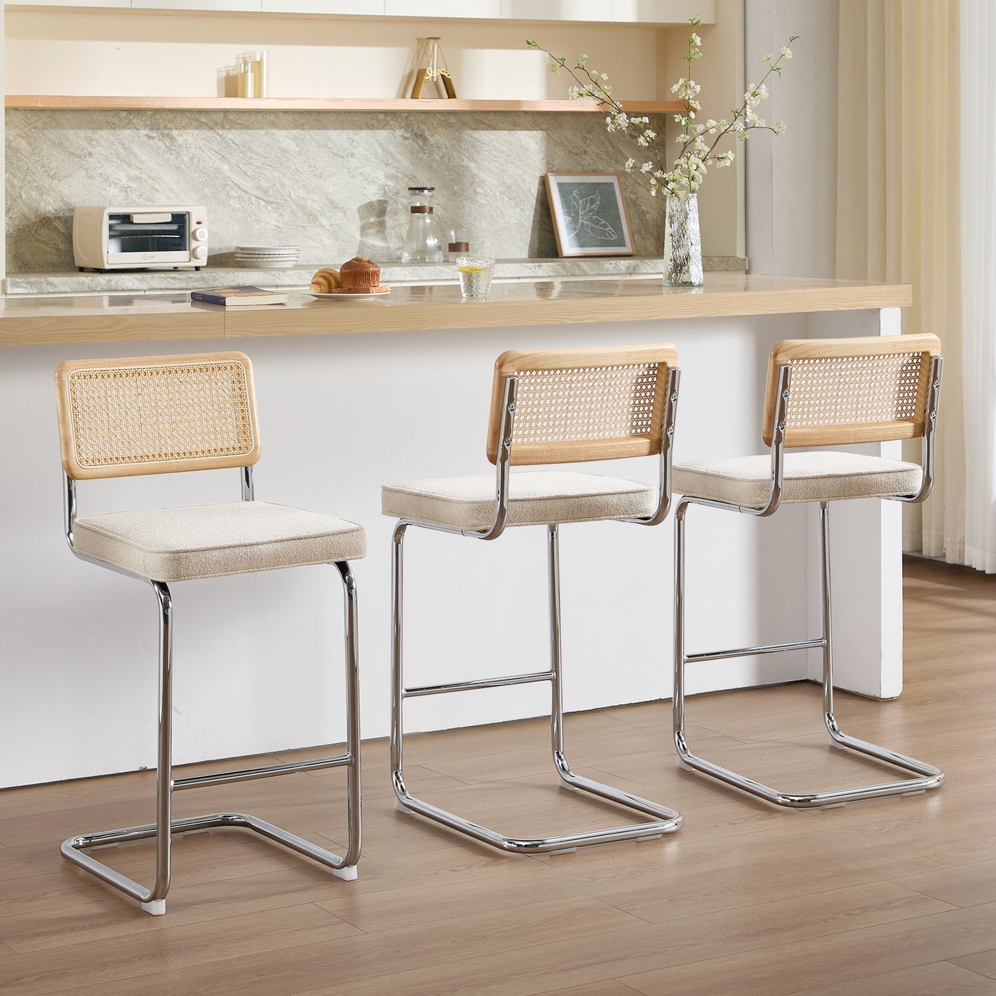 Midcentury Modern Counter Stools Set of 3 – Rattan & Stainless Steel