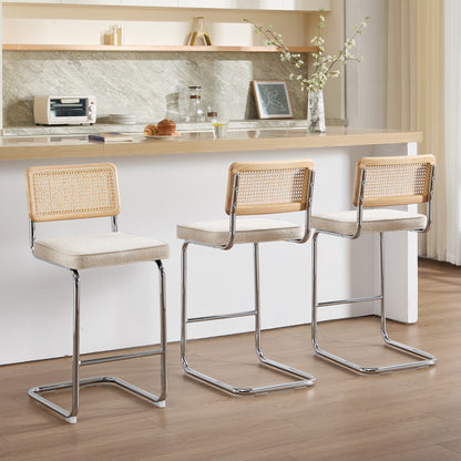 Midcentury Modern Counter Stools Set of 3 – Rattan & Stainless Steel