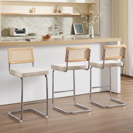 Midcentury Modern Counter Stools Set of 3 – Rattan & Stainless Steel