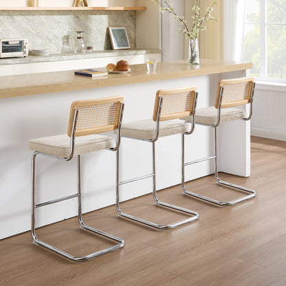 Midcentury Modern Counter Stools Set of 3 – Rattan & Stainless Steel