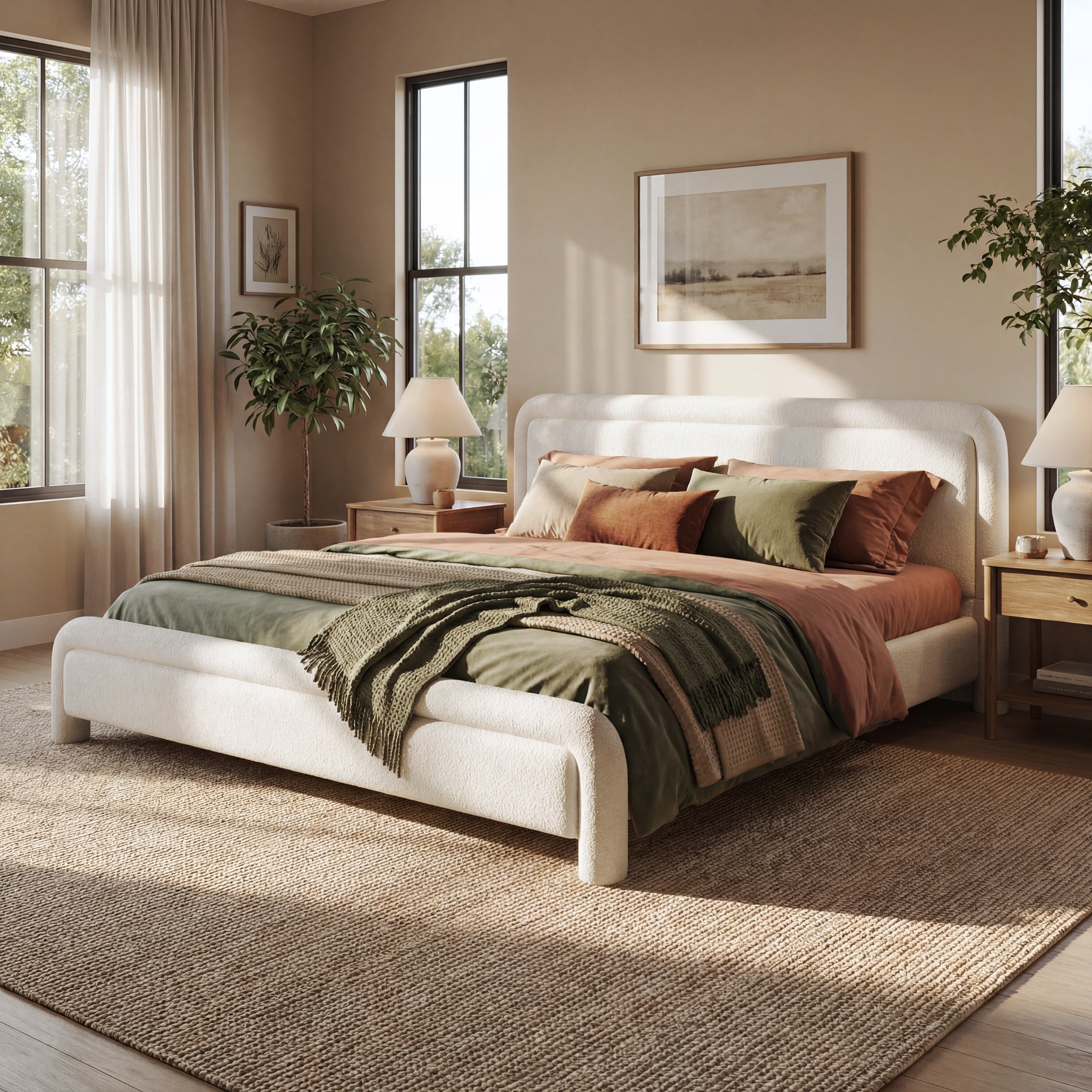King bed frame styled in a warm bedroom with rust and olive bedding