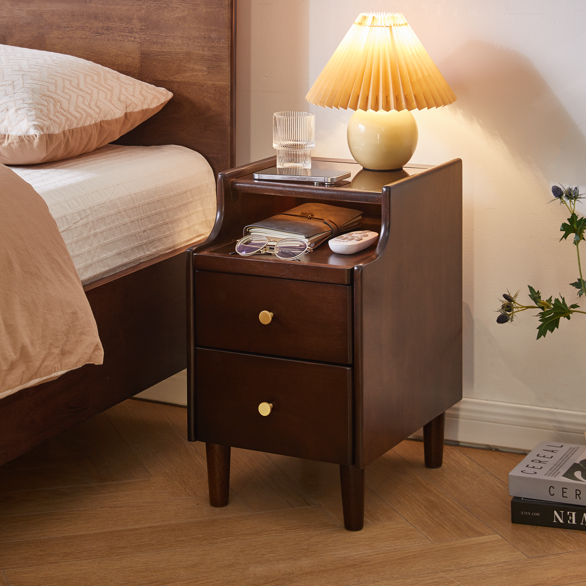 Slim Solid Wood Nightstand with 2 Drawers and Pull-Out Panel